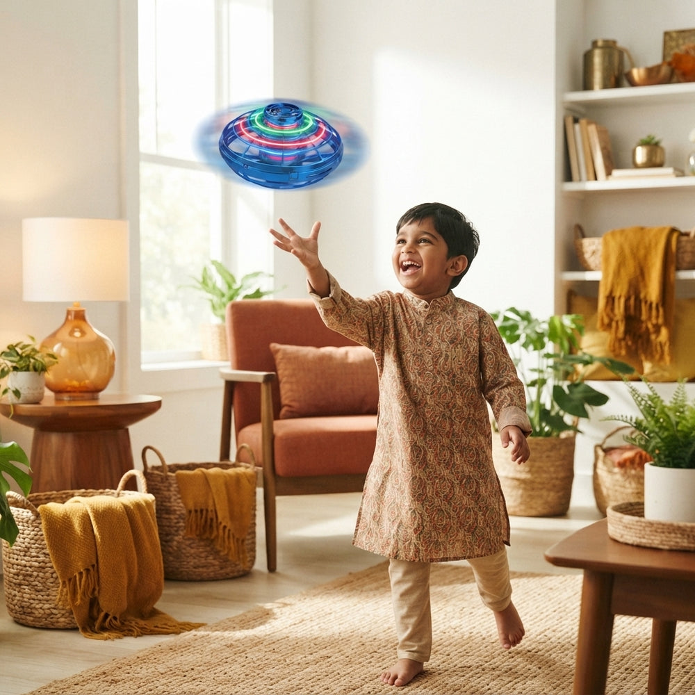 An Indian child playing with a glowing flying orb spinner in a sunlit living room with warm terracotta and amber decor.