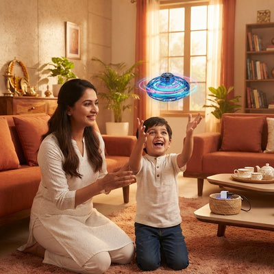 A South Asian mother and son playing with a floating orb toy in a warm-toned, modern living room.